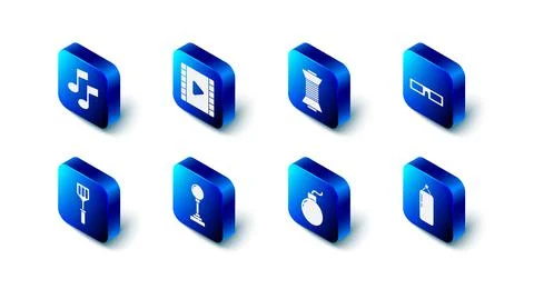 Set Play Video, Sewing thread on spool, Cinema glasses, Punching bag, Bomb ready Stock Illustration