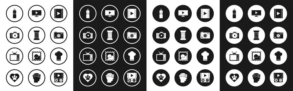 Set Play Video, Sewing thread on spool, Photo camera, Fitness shaker, Online Illustrazione stock