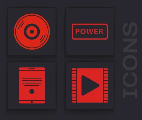 Set Play Video, Vinyl disk, Power button and Tablet icon. Vector Stock Illustration
