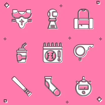 Set Player chest protector, Award cup with baseball ball, Sport bag, Paper .. Illustrazione stock