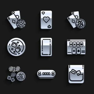 Set Playing card back, Poker table, Glass of whiskey and ice cubes, Online poker Illustrazione stock
