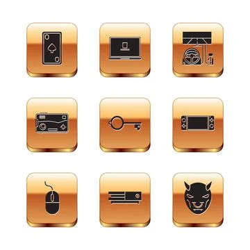 Set Playing card with diamonds, Computer mouse, Video game console, Ancient key Stock Illustration