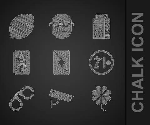 Set Playing card with diamonds, Security camera, Casino slot machine clover, 21 Stock Illustration