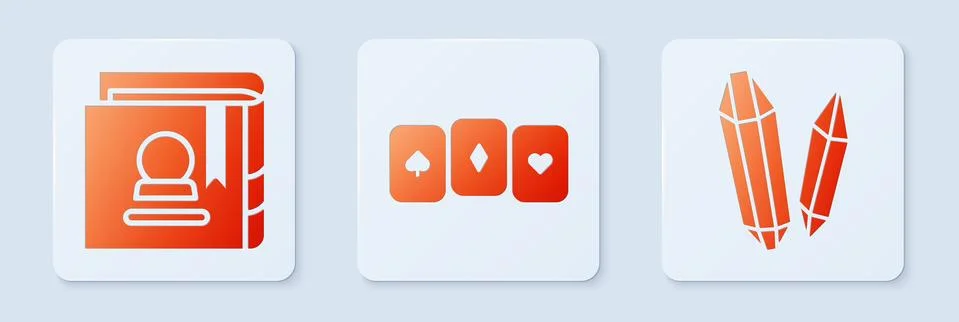 Set Playing cards, Ancient magic book and Magic stone. White square button イラスト素材