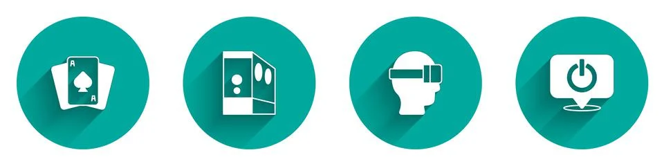 Set Playing cards, Case of computer, Virtual reality glasses and Power button Illustrazione stock