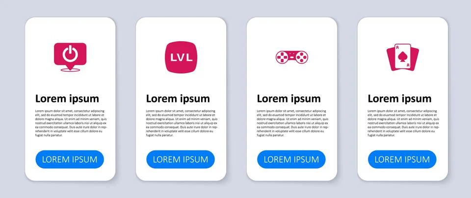 Set Playing cards, Game controller or joystick, Level game and Power button Ilustração Stock