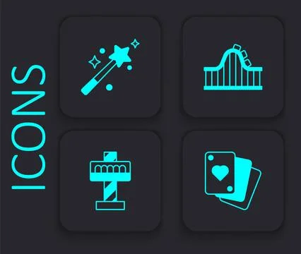 Set Playing cards, Magic wand, Roller coaster and Attraction carousel icon... Stock Illustration
