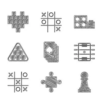 Set Playing cards, Puzzle pieces toy, Chess, Hockey table, Tic tac toe game.. Stock Illustration