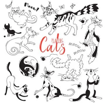 Set with playing cats of different breeds. Characters cat in the style of doodle Stock Illustration
