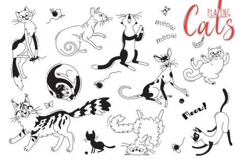 Set with playing cats of different breeds. Characters cat in the style of doodle Stock Illustration