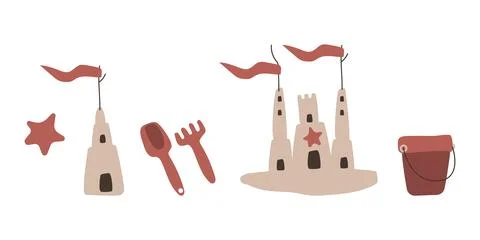 Set for playing with sand on the beach: sand castle, sand tower, bucket Stock Illustration