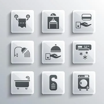Set Please do not disturb, Washer, Air conditioner, Covered with tray, Bathtub Stock Illustration