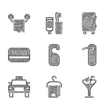 Set Please do not disturb, Towel on hanger, Martini glass, Door handle, Taxi car Illustration