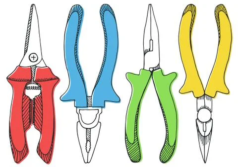 Set of pliers, pincers, and pruning scissors. Stock Illustration
