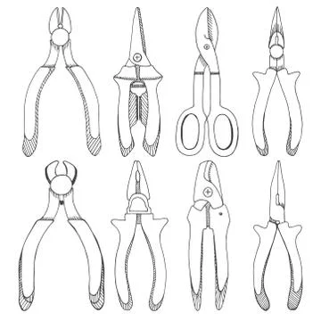 Set of pliers, pincers, and pruning scissors. Stock Illustration