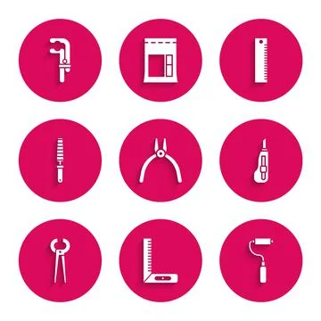 Set Pliers tool, Corner ruler, Paint roller brush, Stationery knife, Pincers  Stock Illustration