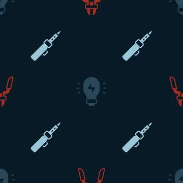 Set Pliers tool, Creative lamp light idea and Soldering iron on seamless pattern Illustrazione stock