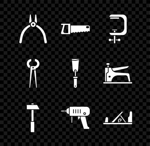 Set Pliers tool, Hand saw, Clamp screw, Hammer, Electric drill machine, Wood Stock Illustration