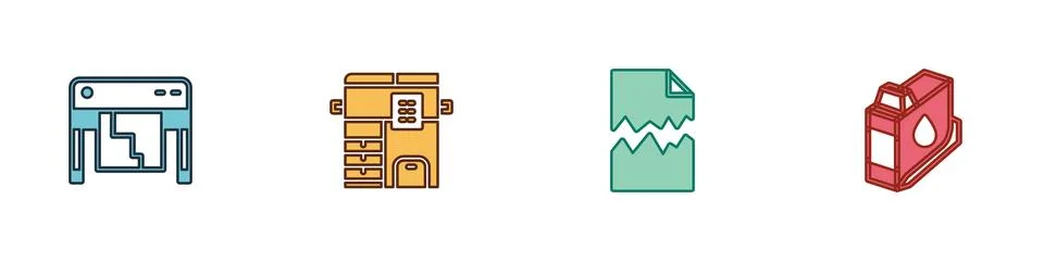 Set Plotter, Copy machine, Torn document and Printer ink cartridge icon. Vect Illustrazione stock