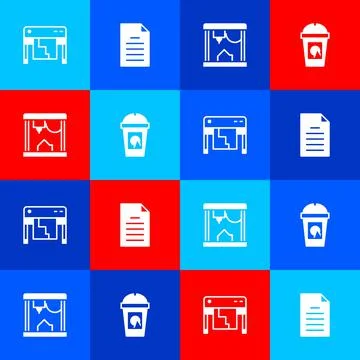 Set Plotter, File document, 3D printer and Coffee cup to go icon. Vector Illustrazione stock