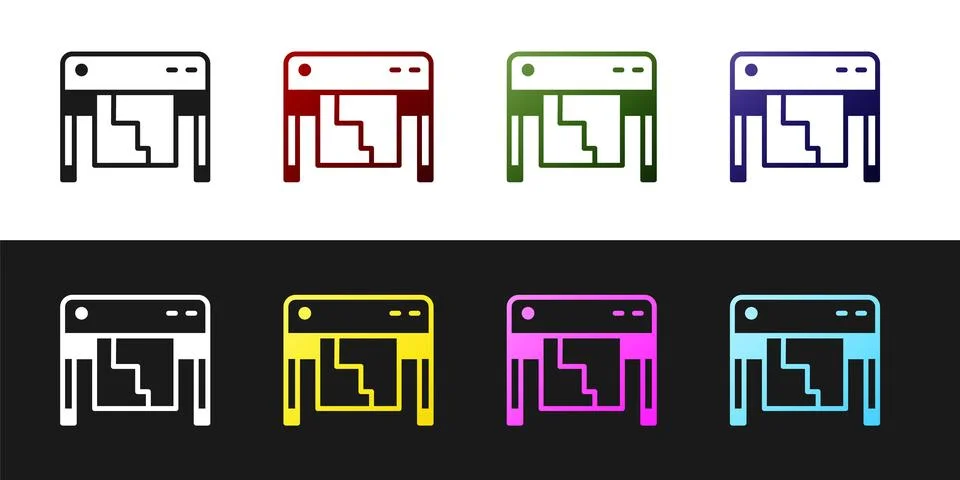 Set Plotter icon isolated on black and white background. Large format multifu Ilustración de archivo
