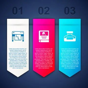 Set Plotter, Photo album gallery and Ink bottle. Business infographic templat Illustrazione stock