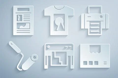 Set Plotter, Printer, Paint roller brush, Carton cardboard box, T-shirt and News Ilustración de archivo