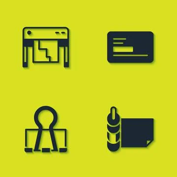 Set Plotter, Roll of paper, Binder clip and Business card icon. Vector Ilustración de archivo