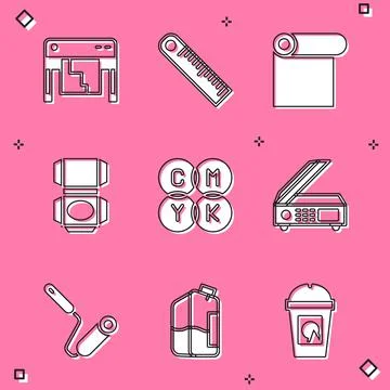 Set Plotter, Ruler, Roll of paper, Carton cardboard box, CMYK color mixing Ilustración de archivo