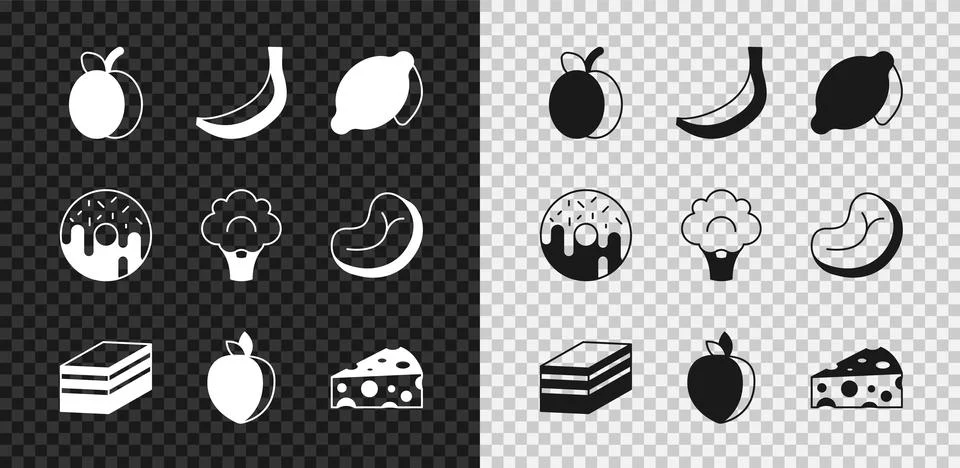 Set Plum fruit, Banana, Lemon, Piece of cake, Cheese, Donut and Broccoli icon Stock Illustration