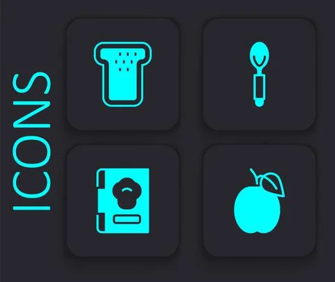 Set Plum fruit, Bread toast, Spoon and Cookbook icon. Black square button Stock Illustration