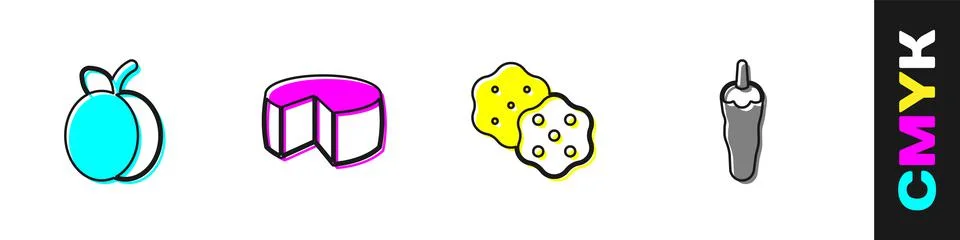 Set Plum fruit, Cheese, Cracker biscuit and Hot chili pepper icon. Vector Stock-Illustration