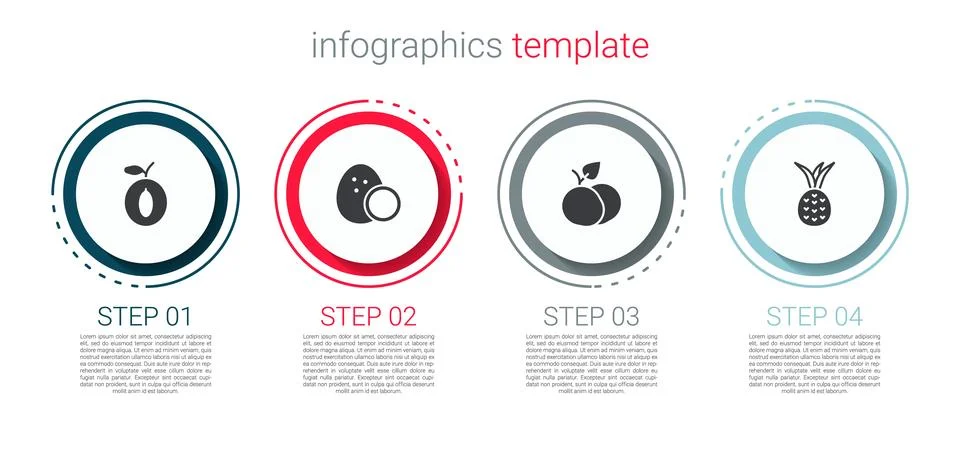 Set Plum fruit Coconut Mango and Pineapple. Business infographic template. Ve Stock Illustration