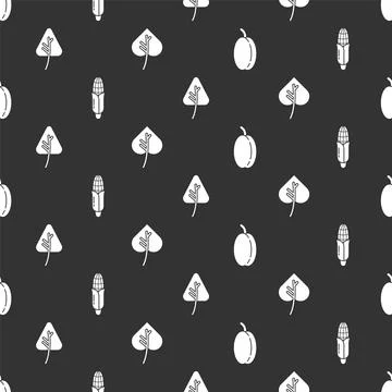 Set Plum fruit, Corn, Leaf or leaves and Leaf or leaves on seamless pattern 스톡 일러스트