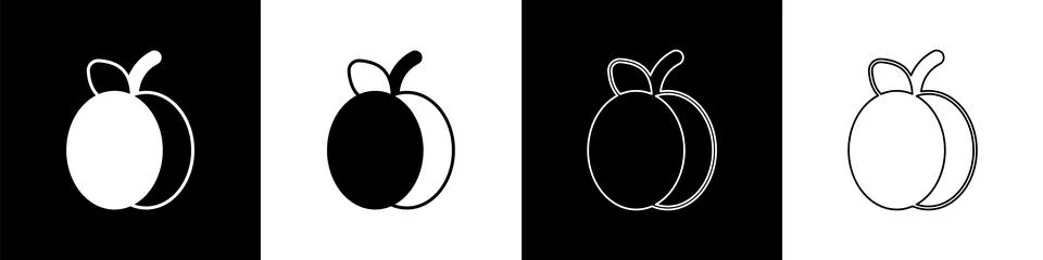 Set Plum fruit icon isolated on black and white background.  Vector Stock Illustration