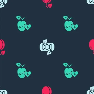 Set Plum fruit, Leaf Eco symbol and Healthy on seamless pattern. Vector Stock Illustration