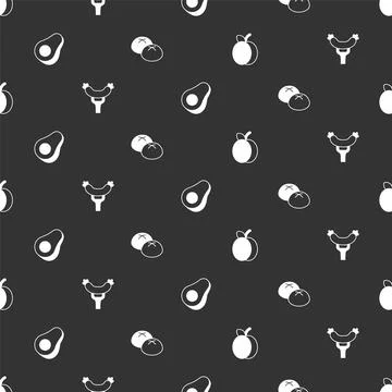 Set Plum fruit, Sausage on the fork, Avocado and Bread loaf on seamless pattern Stock Illustration