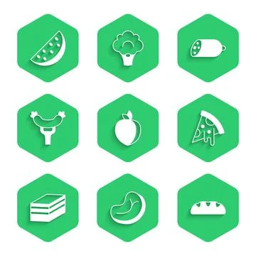 Set Plum fruit, Steak meat, Bread loaf, Slice of pizza, Piece cake, Sausage on Stock Illustration