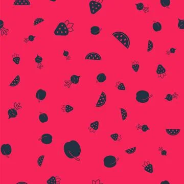 Set Plum fruit, Strawberry, Beet and Watermelon on seamless pattern. Vector Stock Illustration