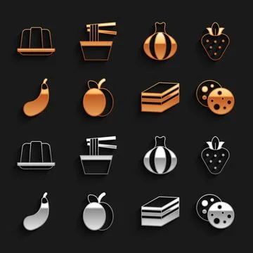 Set Plum fruit, Strawberry, Cookie with chocolate, Piece of cake, Eggplant Stock Illustration