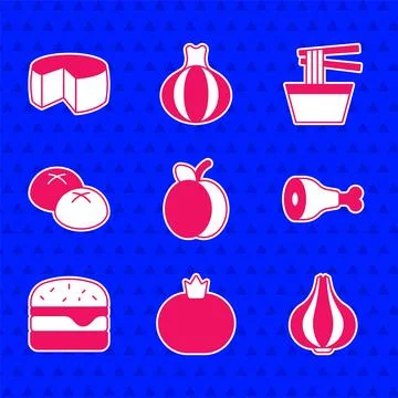 Set Plum fruit, Tomato, Garlic, Chicken leg, Burger, Bread loaf, Asian nood.. Stock Illustration