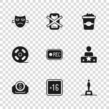 Set Plus 16 movie, Actor star, Movie trophy, Record button, Popcorn in card.. Stock Illustration