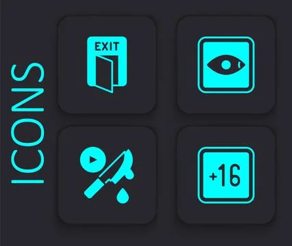 Set Plus 16 movie, Fire exit, Rating and Thriller icon. Black square button.  스톡 일러스트