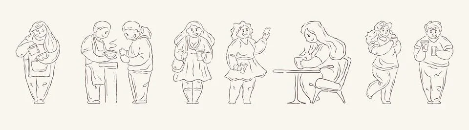 A set of plus-size characters in a cozy cafe environment. Includes a barista, 스톡 일러스트