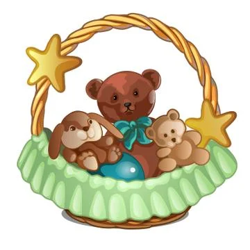 Set of plush bears and a rabbit in wicker basket isolated on white background Illustrazione stock