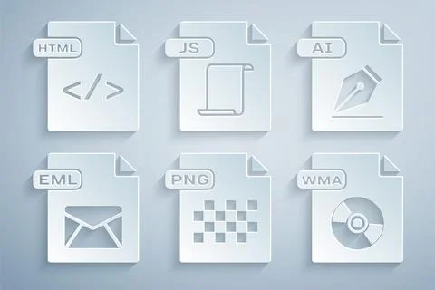 Set PNG file document, AI, EML, WMA, JS and HTML icon. Vector 库存插图