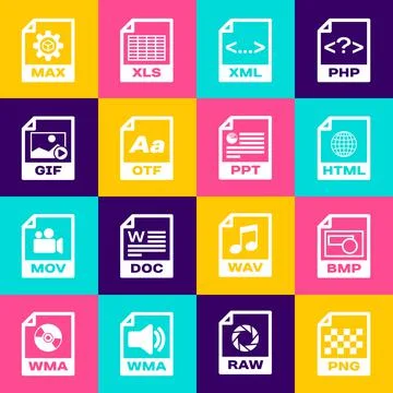 Set PNG file document, BMP, HTML, XML, OTF and GIF icon. Vector Illustrazione stock