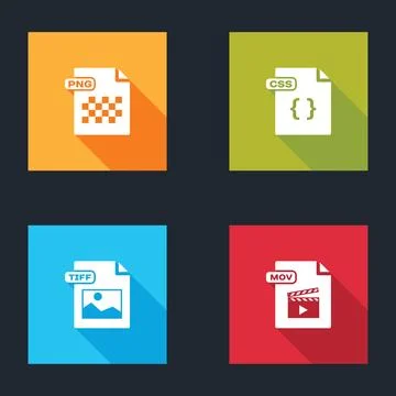 Set PNG file document, CSS, TIFF and MOV icon. Vector Stock Illustration