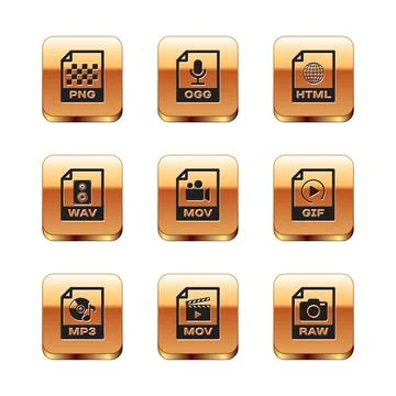 Set PNG file document, MP3, MOV, , WAV and HTML icon. Vector 库存插图