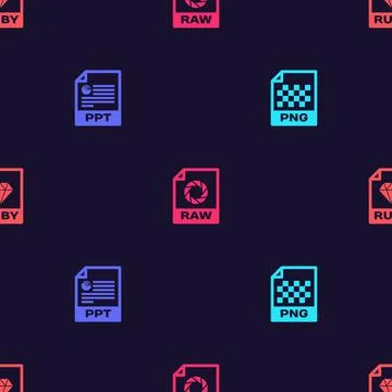 Set PNG file document, PPT, RAW and RUBY on seamless pattern. Vector Illustrazione stock
